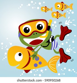 Cute frog wearing diving goggles with fish undersea, vector cartoon illustration