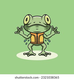 cute frog wearing life jacket cartoon illustration