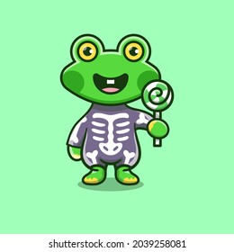 cute frog wearing skeleton halloween costume and carrying lollipop, perfect for halloween t-shirt design and cute animal halloween icon