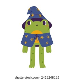 Cute frog wizard wearing a magic hat. Magic animal. Vector flat illustration isolated on white background.
