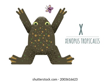 Cute frog xenopus tropicalis in the shape of a letter - X.
children's alphabet. poster, postcard.