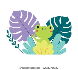 Cute froggling in bushes. Adorable baby amphibian on nature cartoon vector illustration