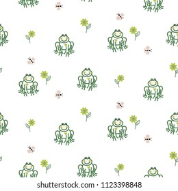 Cute frogs baby seamless vector pattern. Green childish pond animals.