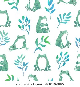 Cute frogs and branches seamless pattern. Vector print with funny green toads