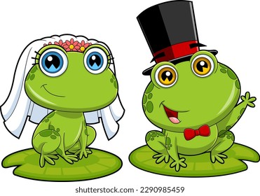 Cute Frogs Cartoon Characters Newlyweds. Vector Hand Drawn Illustration Isolated On Transparent Background