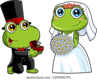 Cute Frogs Cartoon Characters Newlyweds. Vector Hand Drawn Illustration Isolated On Transparent Background