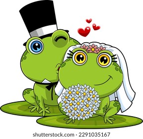 Cute Frogs Cartoon Characters Newlyweds. Vector Hand Drawn Illustration Isolated On Transparent Background