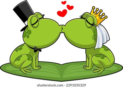 Cute Frogs Cartoon Characters Newlyweds Kissing. Vector Hand Drawn Illustration Isolated On Transparent Background