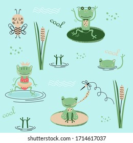 Cute frogs characters seamless pattern on a flowering pond
