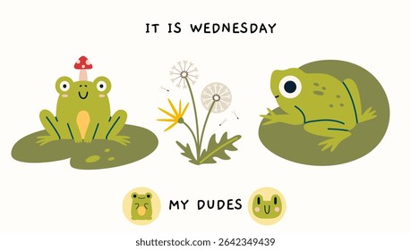 Cute frogs, dandelions, and humorous phrase - It is Wednesday my dudes. Trendy modern vector illustration isolated on light background, hand drawn, flat design