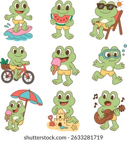 A cute frogs enjoying summer activities like surfing, biking, and playing music