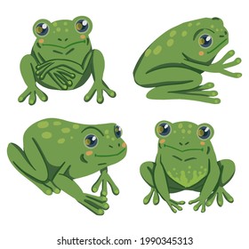 Cute frogs flat hand drawn vector illustrations. Colorful collection in scandinavian style. Abstract cartoon animals cliparts. Simple elements for design, print, wrapping, decor, card, sticker, banner