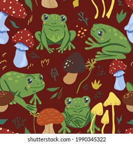 Cute frogs and forest mushrooms. Abstract hand drawn vector seamless pattern. Colored cartoon ornament with animals. Funny design for print, fabric, textile, background, wallpaper, wrap, card, decor.