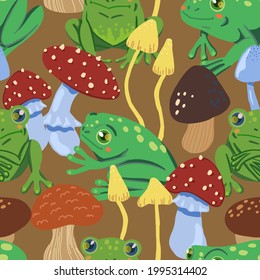 Cute frogs and forest mushrooms. Abstract hand drawn vector seamless pattern. Colored cartoon ornament with animals. Funny design for print, fabric, textile, background, wallpaper, wrap, card, decor.