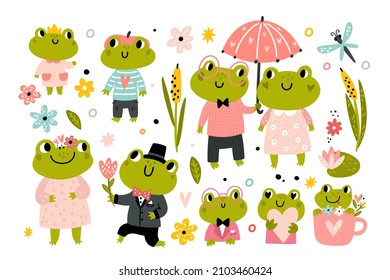 Cute frogs. Funny happy cartoon frog characters, family animals in clothes, romantic couple and kids, baby toads and amphibians, swamp aquatic inhabitants, childish
