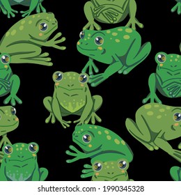 Cute frogs, hand drawn vector seamless pattern. Colored cartoon ornament with animals. Funny design for print, fabric, textile, background, wallpaper, wrapping, card, decoration.