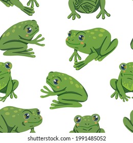 Cute frogs, hand drawn vector seamless pattern. Colored cartoon ornament with animals. Funny design for print, fabric, textile, background, wallpaper, wrapping, card, decoration.