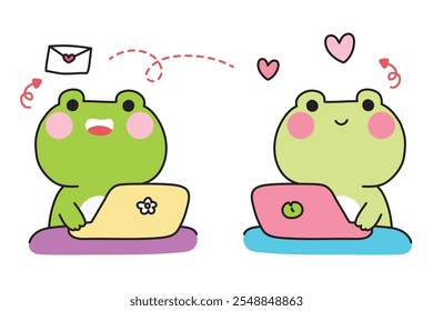 Cute frogs with laptops send love email.Work.Social media.Work from home.Flower.Lotus leaf.Reptile animals character cartoon design.Kawaii.Vector.Illustration.