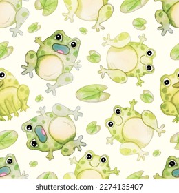 cute frogs with leaves seamless pattern