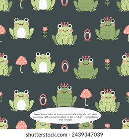 Cute frogs with mushroom seamless pattern. Funny green frog character. Vector pattern in flat style on white background.