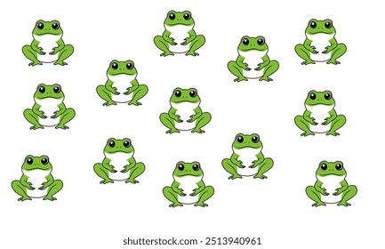 Cute frogs in nature seamless pattern. Funny green frog character. Vector pattern in flat style on white background. Perfect for kids fabric, textile, wallpaper.