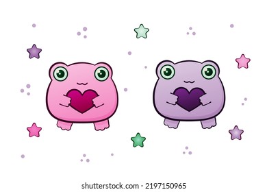 Cute frogs on a white background. Pink and lilac color. Symbols of a happy Halloween holiday. Vector illustration