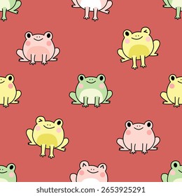 Cute frogs pattern on coral background.