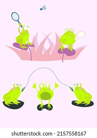 Cute frogs play team games. Badminton, jumping rope.