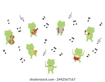 Cute frogs are playing instruments. 