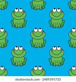 Cute frogs seamless pattern. Funny green frog character isolated in blue background. Vector pattern Perfect for kids fabric, textile, wallpaper , stationaries