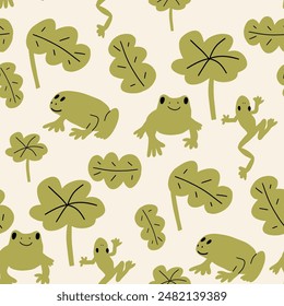 Cute frogs seamless pattern. Cute kawaii animal character. Vector background. Kids print