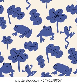 Cute frogs seamless pattern. Cute kawaii animal character. Vector background. Kids print