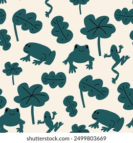 Cute frogs seamless pattern. Cute kawaii animal character. Vector background. Kids print