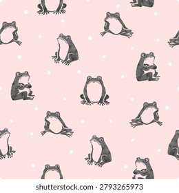 Cute frogs seamless pattern. Vector print with comic upset toads