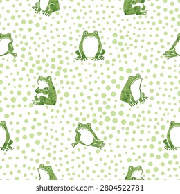 Cute frogs seamless pattern. Vector print with funny green toads