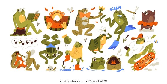 Cute frogs set. Different funny toads croak in pond, relax, have fun. Amusing froggy jumps, diving into water. Life of little swamp amphibians. Flat isolated vector illustrations on white background