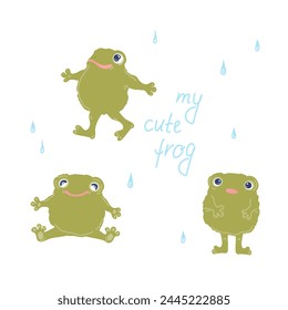 Cute frogs set. Vector illustration of cartoon characters. In a limited palette, the picture is ideal for children's textiles and clothing.