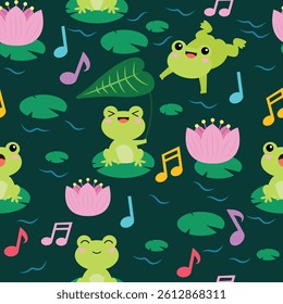 Cute frogs singing in lake with lotus flower seamless pattern