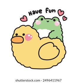 Cute frogs stay on big duck.Have fun text.Heart.Reptile animal character cartoon design.Image for card,poster,sticker,baby product.Kawaii.Vector.Illustration.