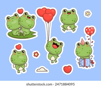 Cute frogs. Sticker collection. Funny holiday animal kawaii character. Couple frogs in love, with balloons and birthday present. Vector illustration. Kids collection