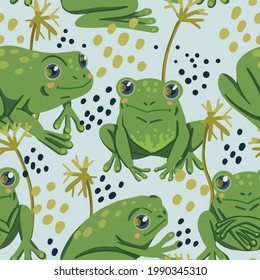 Cute frogs, swamp plants, random dots. Abstract vector seamless pattern. Colored cartoon ornament with animals. Funny design for print, fabric, textile, background, wallpaper, wrap, card, decoration.