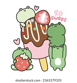 Cute frogs try to eat strawberry ice cram on white background.Reptile animal character cartoon design.Sweet and dessert.Kawaii.Vector.Illustration.