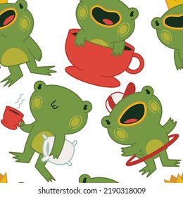 Cute frogs vector cartoon seamless pattern background for wallpaper, wrapping, packing, and backdrop.