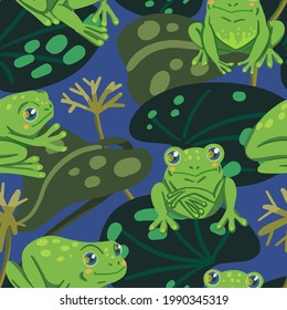 Cute frogs, water lily leaves, swamp plants. Abstract vector seamless pattern. Colored cartoon ornament with animals. Funny design for print, fabric, textile, background, wallpaper, wrap, card, decor.