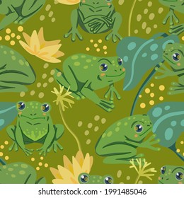 Cute frogs, water lily leaves, swamp plants. Abstract vector seamless pattern. Colored cartoon ornament with animals. Funny design for print, fabric, textile, background, wallpaper, wrap, card, decor.