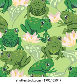 Cute frogs, water lily leaves, swamp plants. Abstract vector seamless pattern. Colored cartoon ornament with animals. Funny design for print, fabric, textile, background, wallpaper, wrap, card, decor.