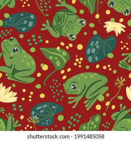 Cute frogs, water lily leaves, swamp plants. Abstract vector seamless pattern. Colored cartoon ornament with animals. Funny design for print, fabric, textile, background, wallpaper, wrap, card, decor.