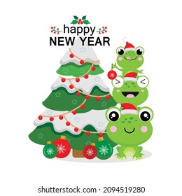  Ranas ricas ricas con sombrero de Navidad decoran el árbol de Navidad.
