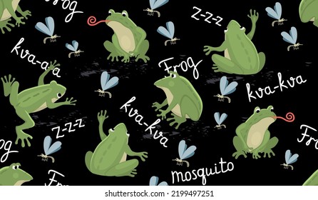 Cute frogs,mosquitos and hand lettered text seamless pattern design on black.Typographic style background for printing on fabric and paper.Vector flat cartoon illustration.