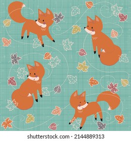 Cute frolicking foxes playing in an autumn themed seamless pattern. This vector pattern repeats seamlessly and would be great for surface designs or backgrounds.